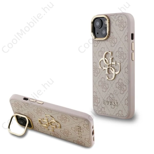 Guess PU 4G Metal Logo Stand Camera Frame tok iPhone 15 készülékhez rózsaszín