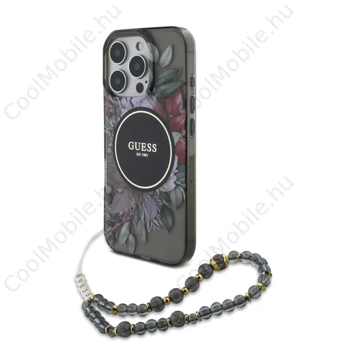 Guess IML Flowers Pearl Strap MagSafe tok iPhone 16 Pro Max készülékhez fekete