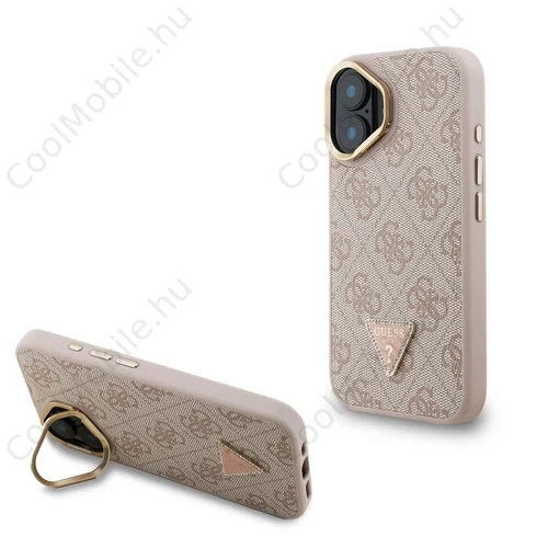 Guess PU 4G Strass Triangle Logo Stand Camera Frame MagSafe tok iPhone 16 készülékhez rózsaszín