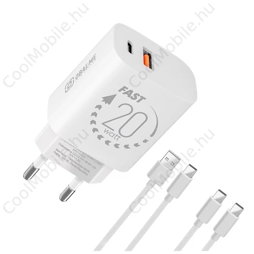 OBAL:ME fali töltő USB-A + USB-C 20W + 2x kábel 1m fehér