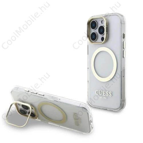 Guess IML Gold Outline Stand Camera Frame MagSafe tok iPhone 16 Pro készülékhez átlátszó