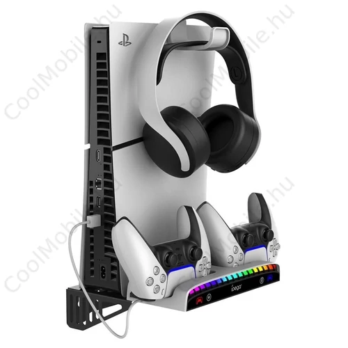 iPega P5S011 falra szerelhető állvány PS5/PS5 Slim/PS5 Pro készülékhez, Dual Charger Dock PS5 Controllerhez