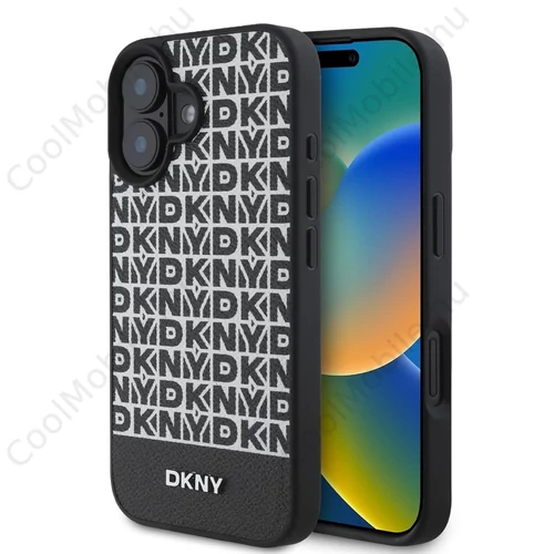 DKNY PU Leather Repeat Pattern Bottom Stripe MagSafe tok iPhone 16 készülékhez fekete
