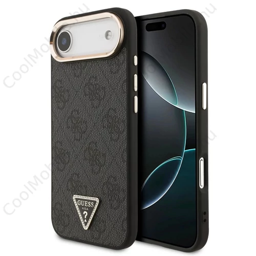 Guess PU Leather 4G Triangle Logo Gold Frame MagSafe tok iPhone 17 Air készülékhez fekete