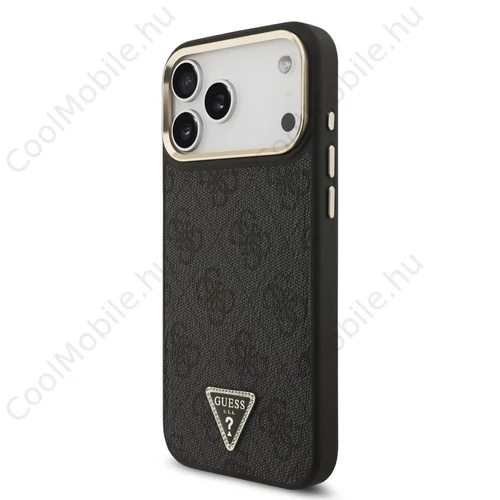 Guess PU Leather 4G Triangle Logo Gold Frame MagSafe tok iPhone 17 Pro Max készülékhez fekete