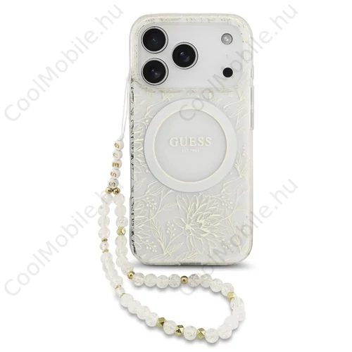 Guess IML Flowers Allover Strap MagSafe Tok iPhone 17 Pro készülékhez fehér