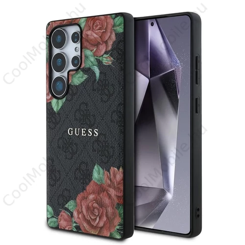 Guess PU Leather 4G Flowers Print Metal Classic Logo MagSafe tok Samsung Galaxy S25 Ultra készülékhez fekete