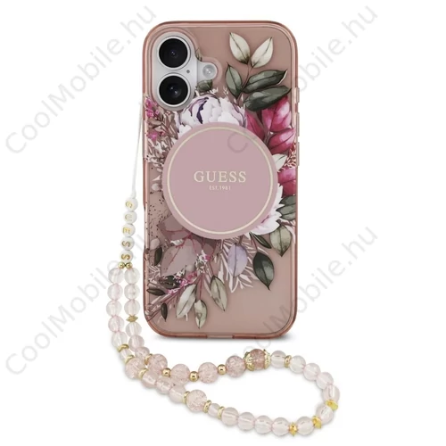 Guess IML Flowers Strap MagSafe tok iPhone 17 készülékhez rózsaszín