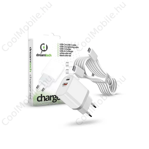 Dreamtech PD Charger Set USB-C+A 20W+QC3.0-s adapterrel és USB-C / USB-C kábellel FEHÉR