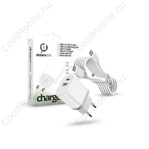 Dreamtech PD Charger Set USB-C+A 20W+QC3.0-s adapterrel és USB-C / Lightning kábellel FEHÉR