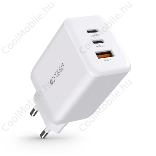 Tech-Protect PD65W / QC3.0 Hálózati Töltő adapter 1*USB-A, 2*USB-C fehér 934517