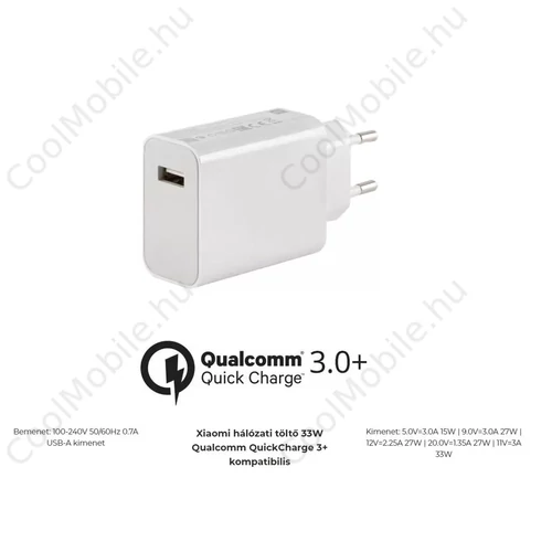 Xiaomi csomagolás nélküli hálózati töltő EU 3A 33W QC3.0+ (MDY-11-EZ)