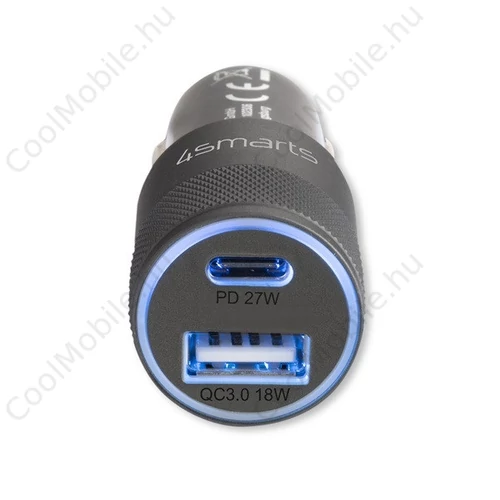 4smarts Rapid+ autós szivargyújtó gyorstöltő, Type-C + USB, PD, 27W, szürke