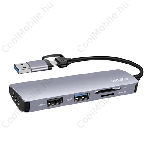 4smarts USB/Type-C Hub, 5-in-1, 2XUSB 2.0, 1XUSB 3.0, kártyaolvasó