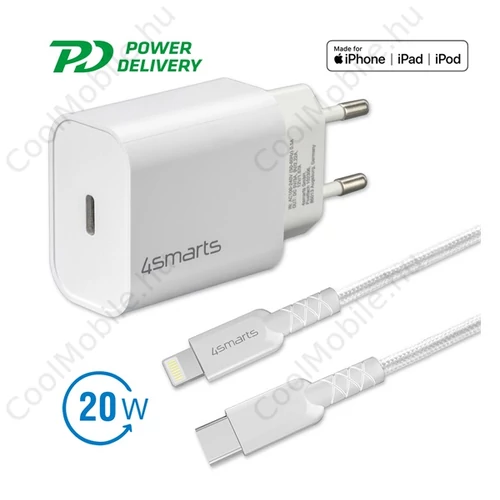 4smarts hálózati gyorstöltő adapter Type-C QC 3.0 + 1.5m Lightning kábel, 20W, fehér
