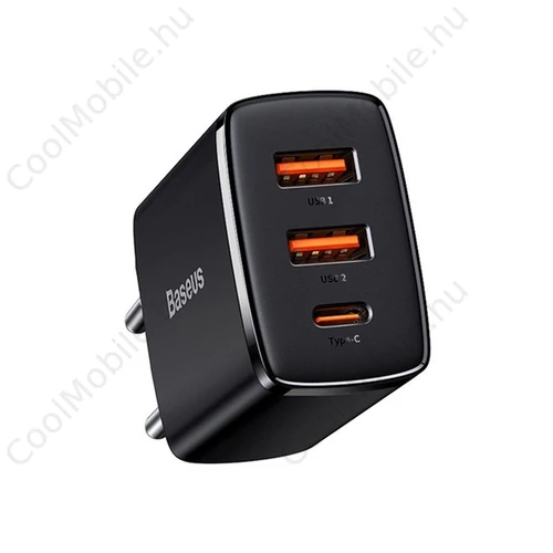 Baseus Compact gyorstöltő adapter 30W Type-C + 2XUSB, fekete