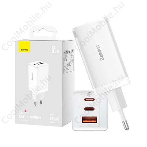 Baseus GaN5 Pro hálózati töltő 2xType-C + USB, Type-C-Type-C kábellel, 65W, fehér