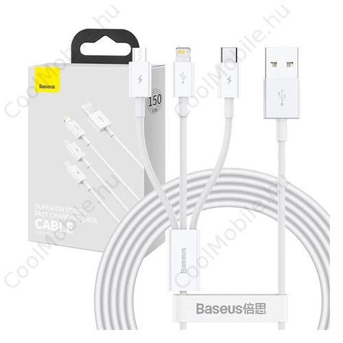 Baseus Superior Series 3in1 töltő- és adatkábel, USB / microUSB / Type-C / Lightning, 3,5 A, 1,2 m, fehér