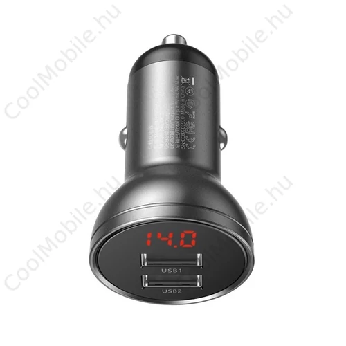 Baseus autós szivargyújtó töltő kijelzővel, 2xUSB, 4.8A, 24W, szürke