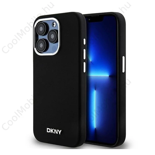 DKNY Liquid Silicone Silver Metal Logo Magsafe iPhone 15 Pro hátlap tok, fekete