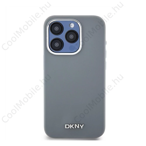 DKNY Liquid Silicone Silver Metal Logo Magsafe iPhone 15 Pro hátlap tok, szürke