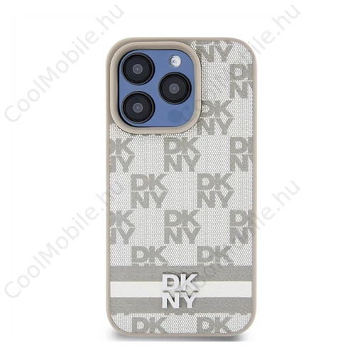 DKNY PU Leather Checkered Pattern and Stripe iPhone 13 Pro hátlap tok, bézs