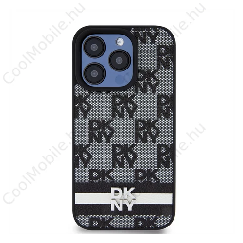 DKNY PU Leather Checkered Pattern and Stripe iPhone 13 Pro hátlap tok, fekete