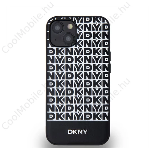DKNY PU Leather Repeat Pattern Bottom Stripe Apple iPhone 14 Magsafe kompatibilis hátlap tok, fekete