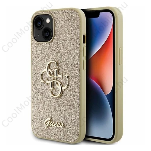 Guess Glitter Script Big 4G Apple iPhone 15 hátlap tok, arany