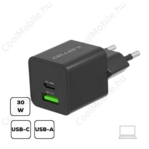 Hálózati töltő adapter Type-C + USB, PD 30W / QC3.0 18W, fekete