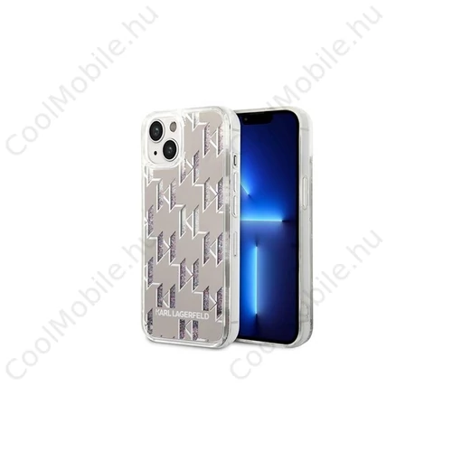 Karl Lagerfeld Liquid Glitter Monogram Apple iPhone 14 Plus hátlap tok, ezüst