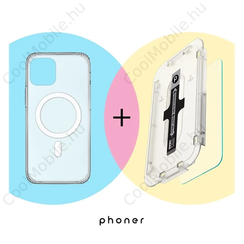 Phoner Mag Pack Apple iPhone 14 Pro Magsafe tok, átlátszó + Master Clear Felhelyező keretes Tempered fólia