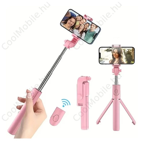 Prémium selfie bot, 19 - 70 cm, forgatható, exponáló gombbal, bluetooth-os, v4.0, tripod, R1, rózsaszín