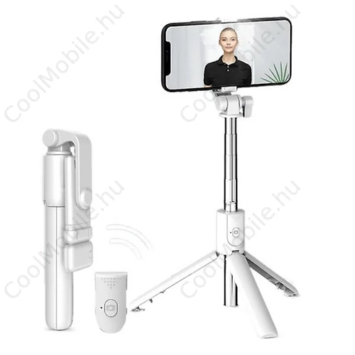 Prémium selfie bot, 19 - 70 cm, forgatható, exponáló gombbal, bluetooth-os, v4.0, tripod, világítással, R1S, fehér