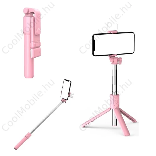 Prémium selfie bot, 19 - 70 cm, forgatható, exponáló gombbal, bluetooth-os, v4.0, tripod, világítással, R1S, rózsaszín