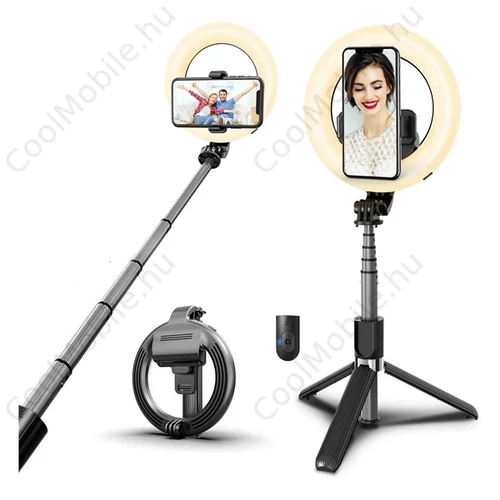 Selfie bot, 19 - 90 cm, 360°-ban forgatható, exponáló gombbal, bluetooth-os, tripod funkció, világítással, fekete