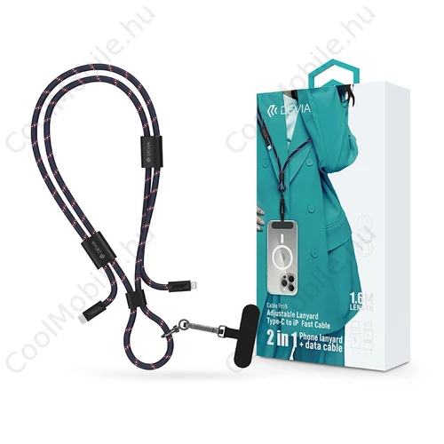 Devia Cable Pro5 Woven 27W PD Type-C/Lightning adat- és töltőkábel + nyakpánt 1.6m - kék