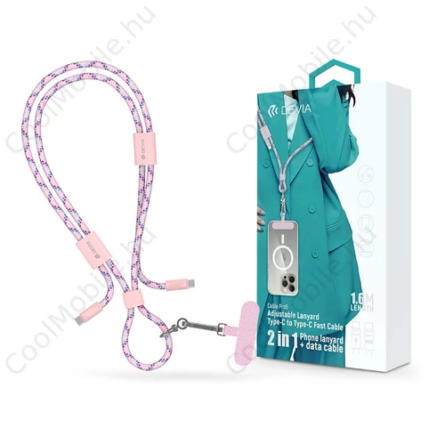 Devia Cable Pro5 Woven 60W PD Type-C/Type-C adat- és töltőkábel + nyakpánt 1.6m - pink