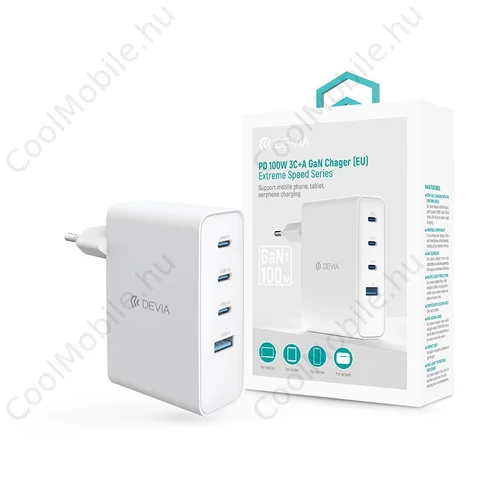 Devia Extreme Speed Series 100W GaN PD hálózati gyorstöltő adapter USB+3xType-C - fehér