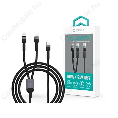 Devia Extreme Speed Series 60W+12W Type-C/Type-C + Lightning adat- és töltőkábel 1.2m - fekete