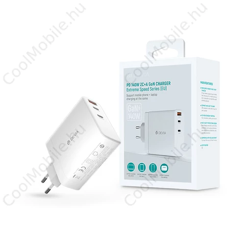 Devia Extreme Speed Series 140W GaN PD hálózati gyorstöltő adapter USB+2xType-C - fehér