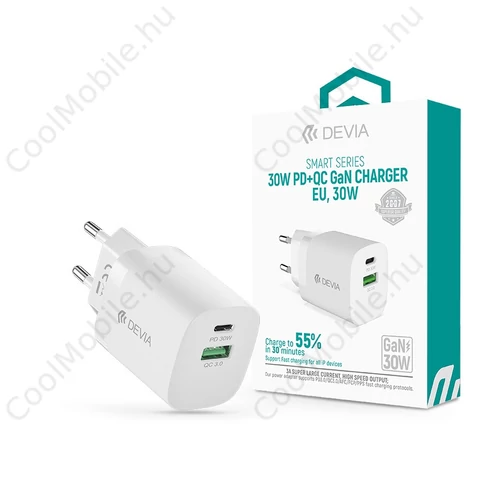 Devia Smart Series 30W GaN PD+QC hálózati gyorstöltő adapter USB+Type-C - fehér