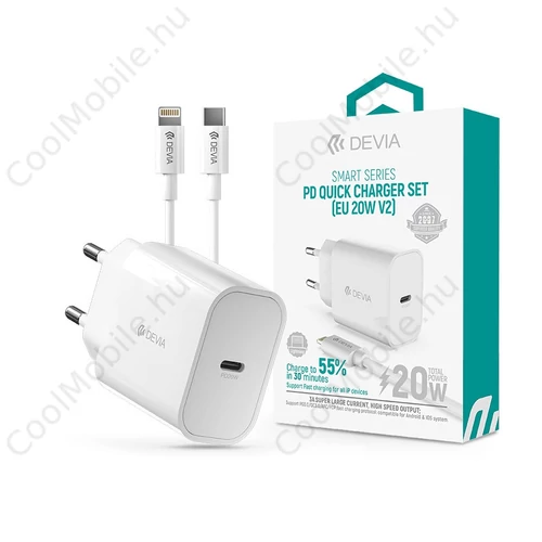 Devia Smart Series 20W PD hálózati gyorstöltő adapter V2 + Type-C/Lightning kábel - fehér