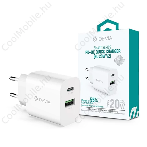 Devia Smart Series 20W PD+QC hálózati gyorstöltő adapter V2 Type-C/USB - fehér
