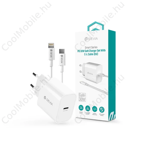 Devia Smart Series 30W GaN PD+QC hálózati gyorstöltő adapter + Type-C/Lightning kábel - fehér