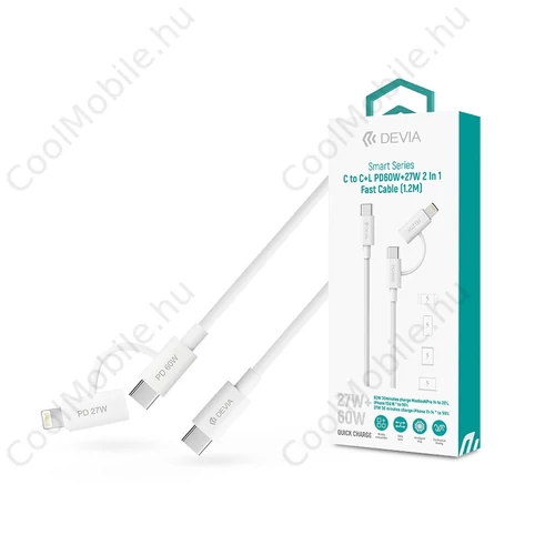 Devia Smart Series 60W+27W PD Type-C/Type-C + Lightning adat- és töltőkábel 1.2m - fehér