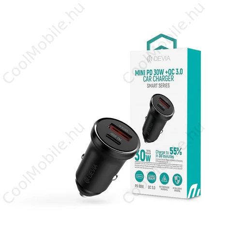 Devia Smart Series Mini 30W PD+QC USB+Type-C autós töltő adapter - fekete