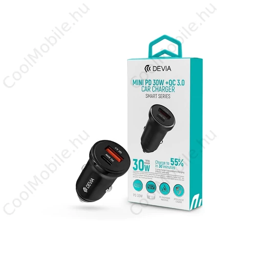 Devia Smart Series 30W PD+QC autós gyorstöltő adapter USB+Type-C - fekete
