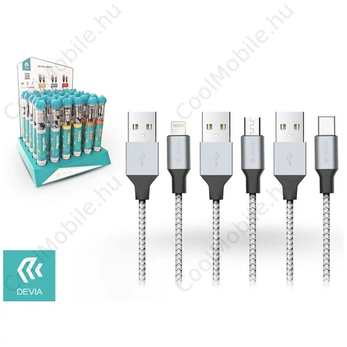 Devia Tube 3 USB adat- és töltőkábel szett 1 m-es vezetékkel - Devia Tube for Android/Lightning/Type-C USB 2.4A - 30 db/csomag - silver/black