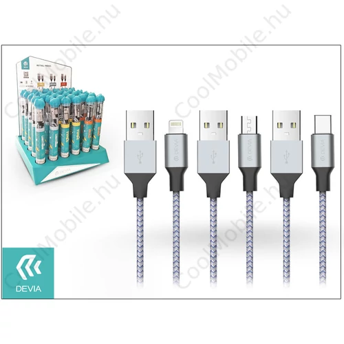 Devia Tube 3 USB adat- és töltőkábel szett 1 m-es vezetékkel - Devia Tube for Android/Lightning/Type-C USB 2.4A - 30 db/csomag - silver/blue